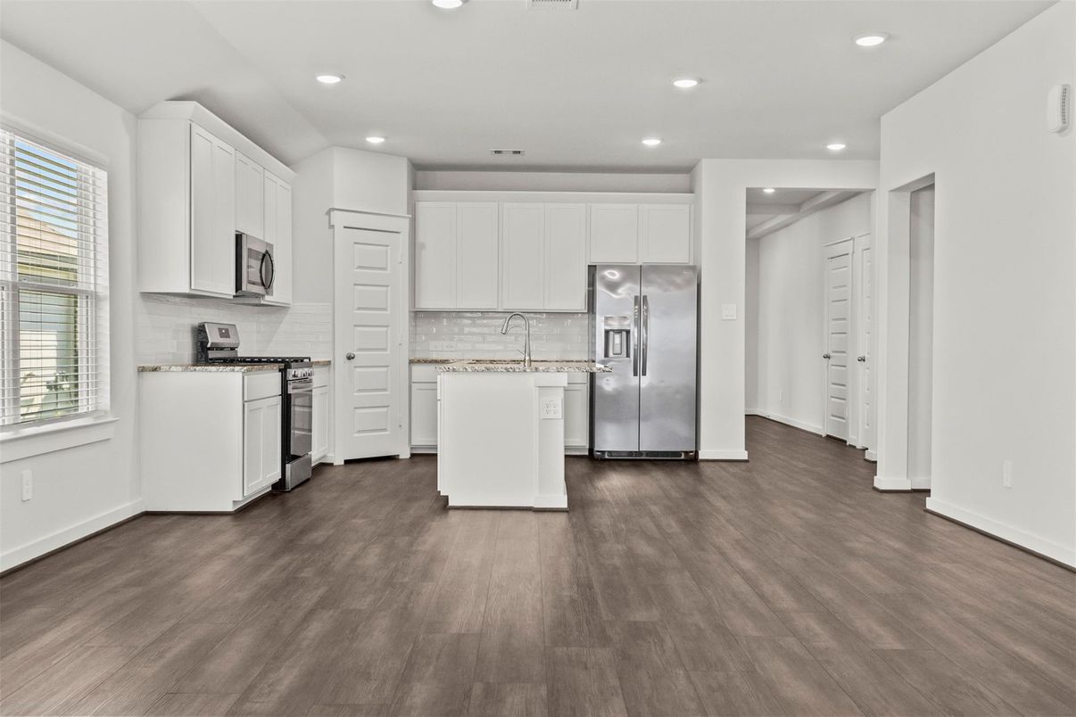 Interior, Kitchen, Recessed Lighting, Stainless Steel Appliances, Wood Texture Flooring