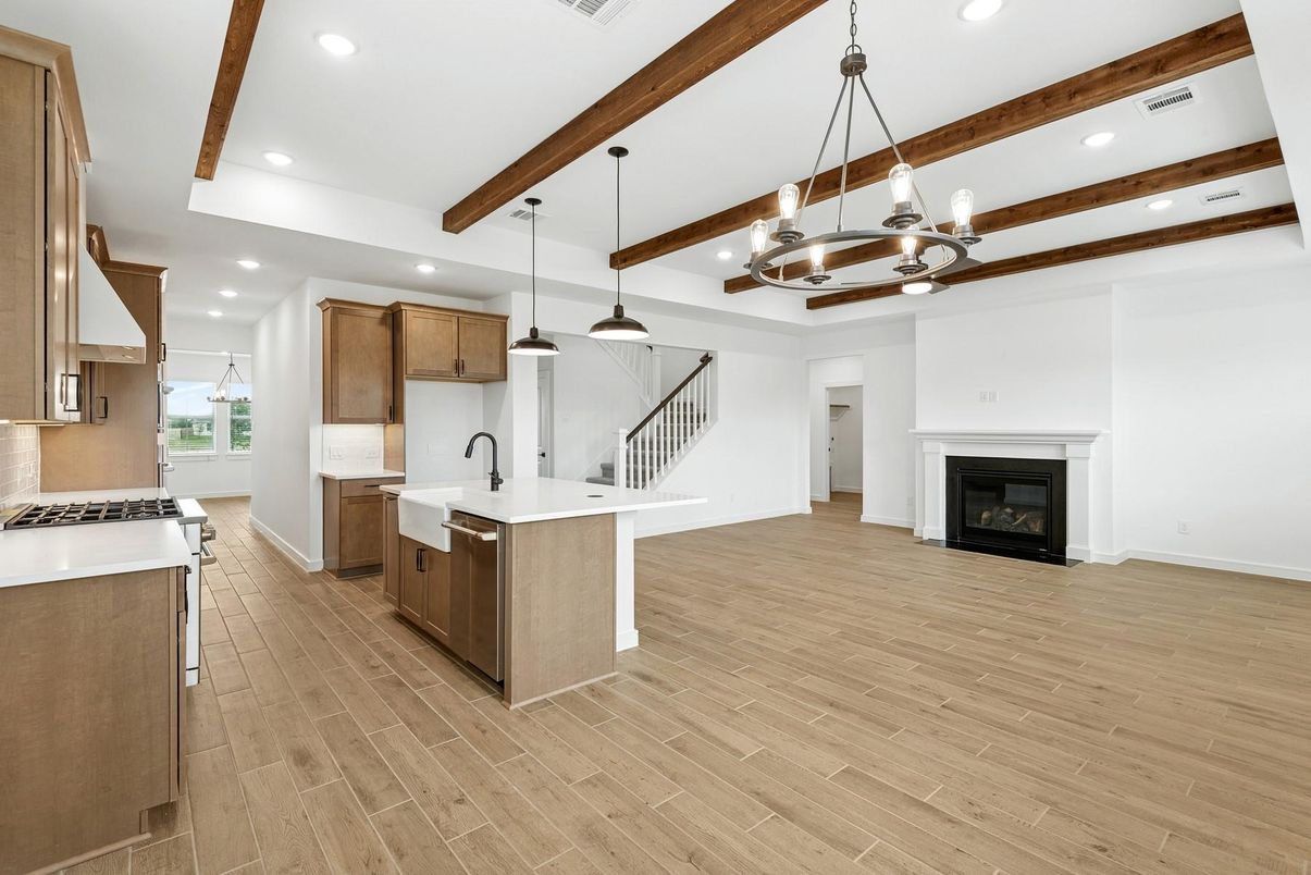Chandelier, Fireplace, Interior, Kitchen, Pendant Lights, Recessed Lighting, Wooden Beams, Wood Texture Flooring