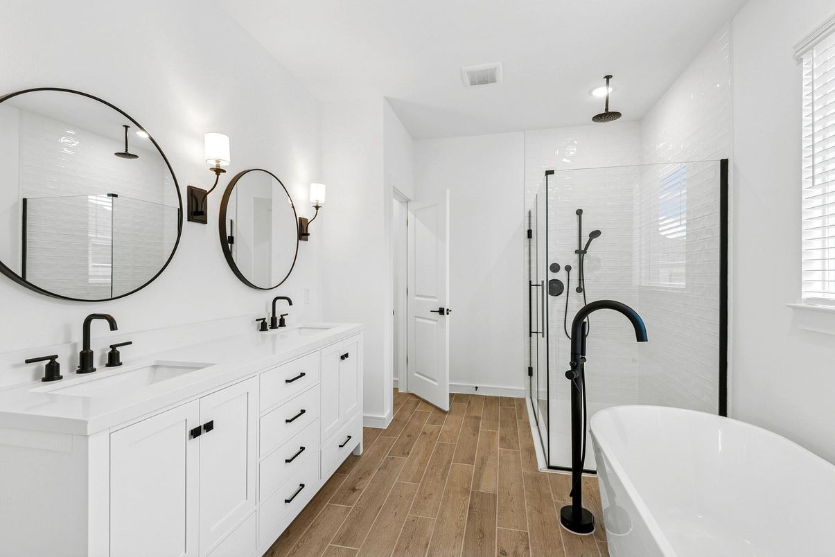 Bathroom, Dual Sink Vanities, Free Standing Baths, Glass Shower, Interior, Wood Texture Flooring