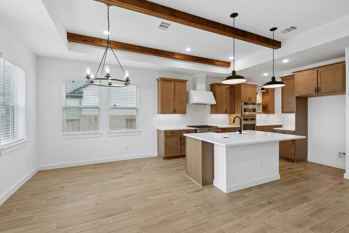 Chandelier, Interior, Kitchen, Pendant Lights, Recessed Lighting, Stainless Steel Appliances, Wooden Beams, Wood Texture Flooring