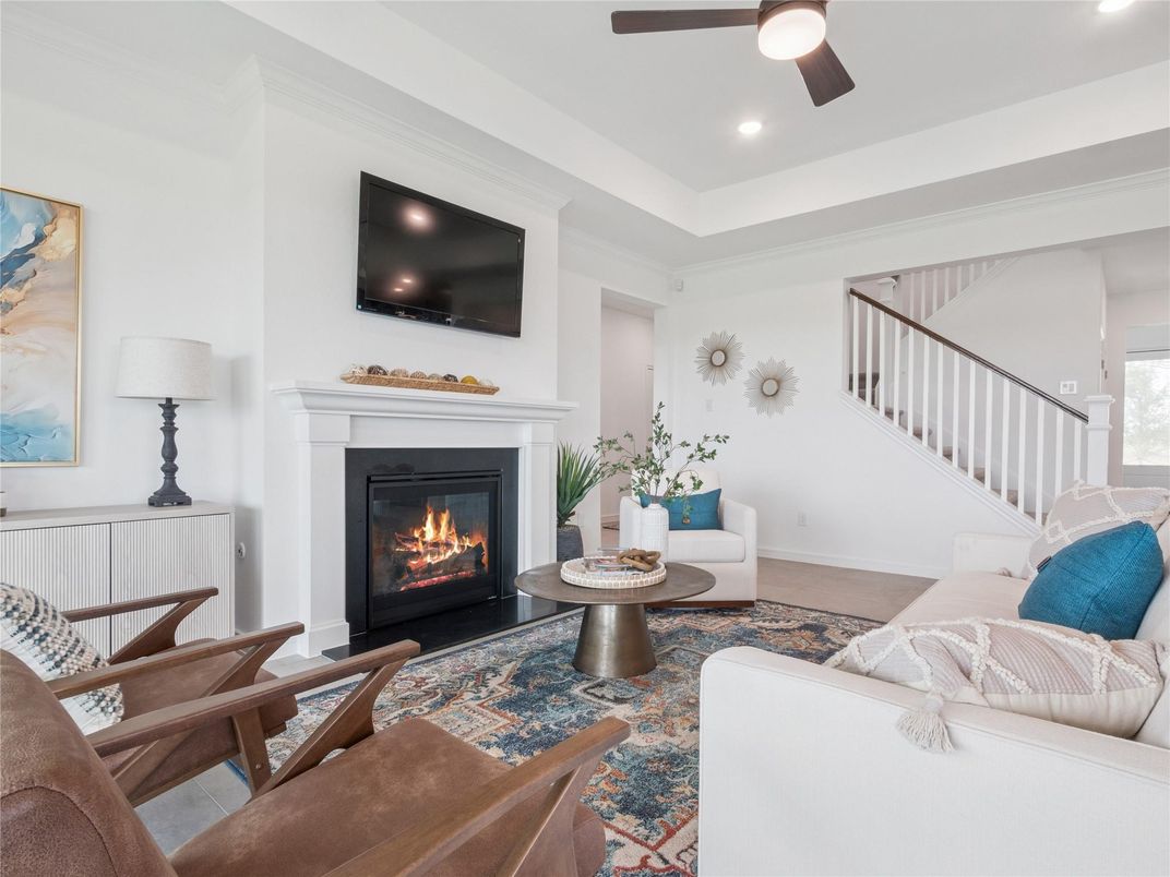 Dining room, Fireplace, Interior, Living room, Recessed Lighting