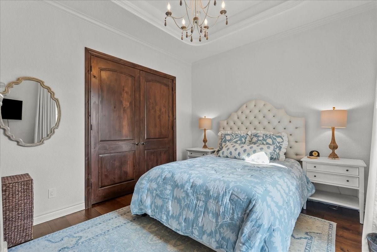 Bedroom, Chandelier, Interior, Wood Texture Flooring
