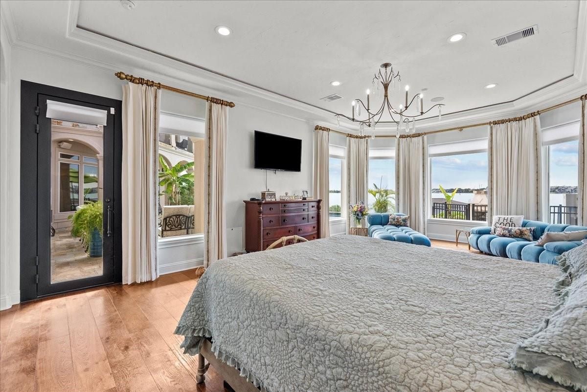 Bedroom, Chandelier, Interior, Recessed Lighting, Wood Texture Flooring