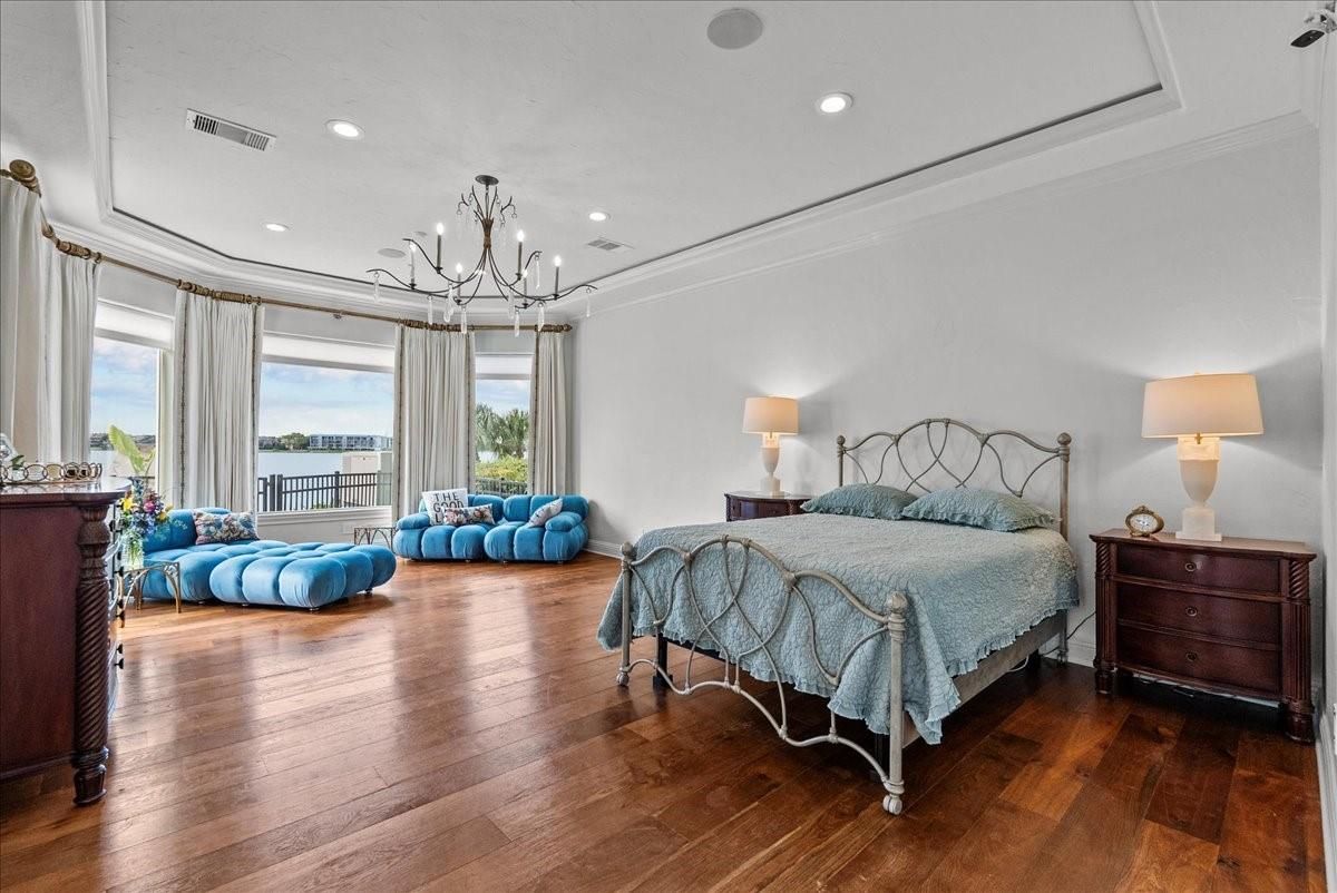 Bedroom, Chandelier, Interior, Recessed Lighting, Wood Texture Flooring