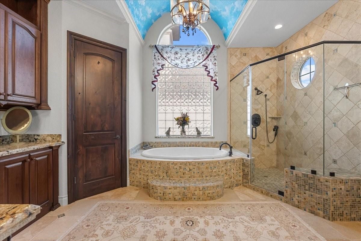Bathroom, Chandelier, Glass Shower, Interior, Recessed Lighting