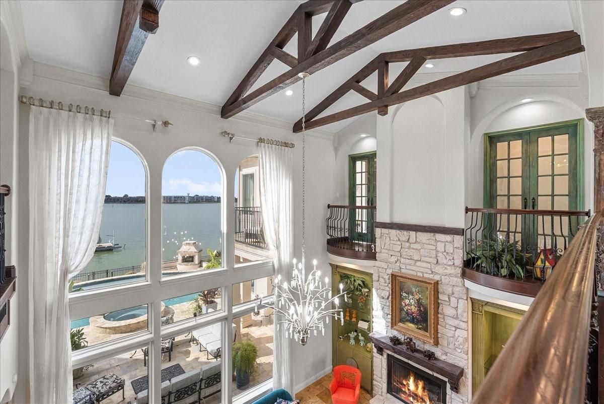 Fireplace, Interior, Recessed Lighting, Water, Wooden Beams