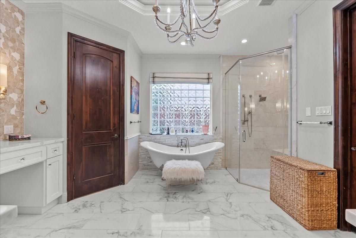 Bathroom, Chandelier, Free Standing Baths, Glass Shower, Interior, Marble, Recessed Lighting