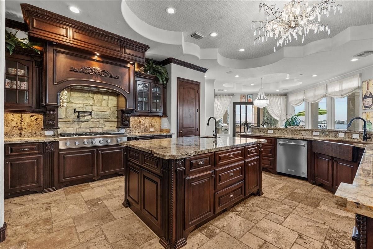 Chandelier, Interior, Kitchen, Recessed Lighting, Stainless Steel Appliances