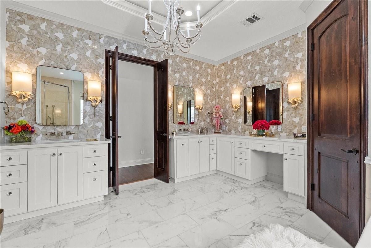 Bathroom, Chandelier, Dual Sink Vanities, Interior, Marble, Stone Walls