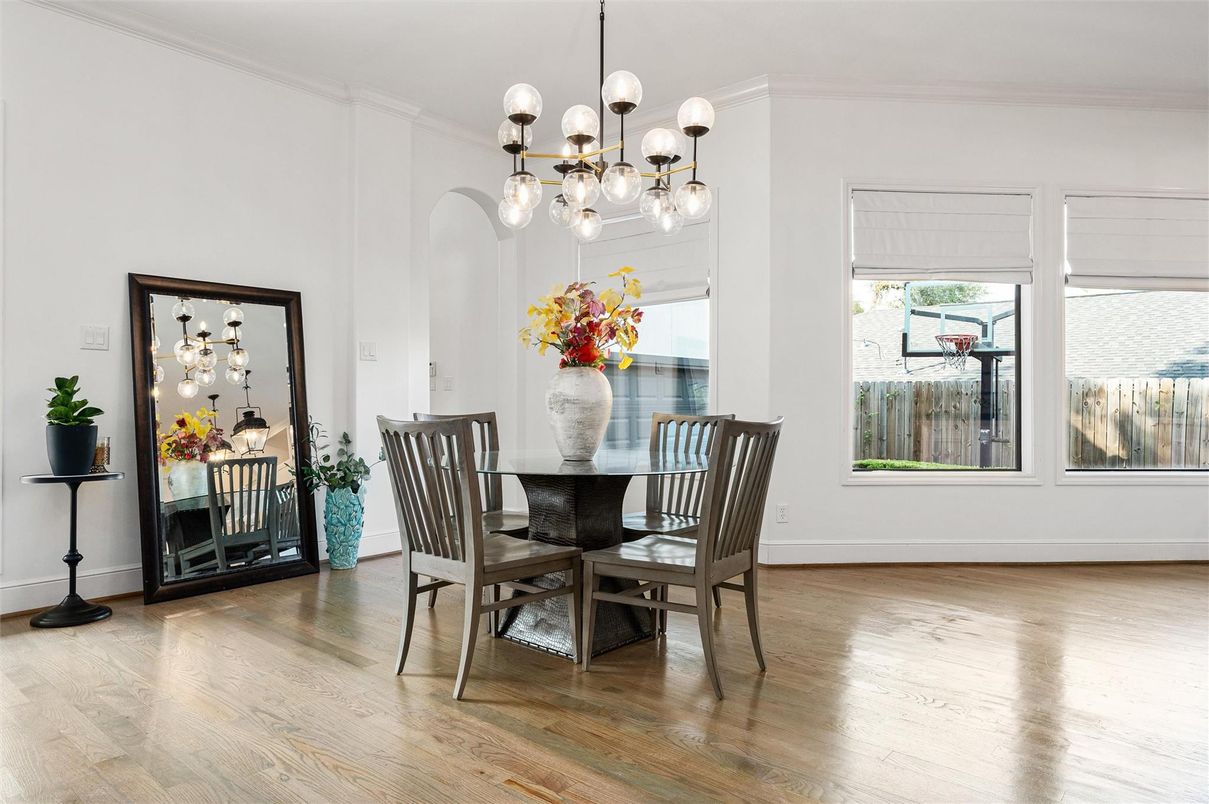 Dining room, Interior, Pendant Lights, Wood Texture Flooring