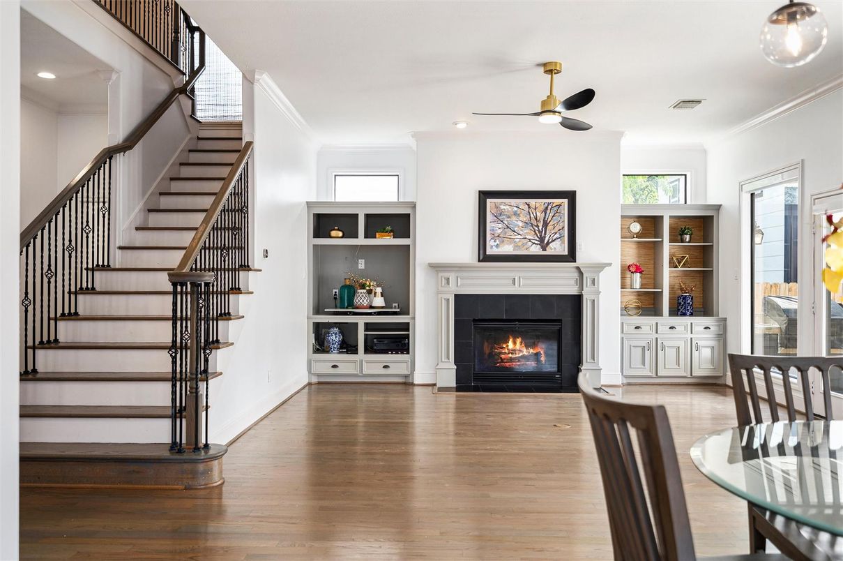 Fireplace, Interior, Recessed Lighting, Wood Texture Flooring