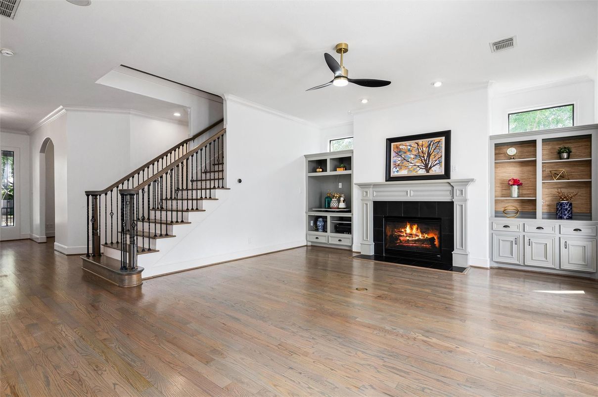 Fireplace, Interior, Recessed Lighting, Wood Texture Flooring