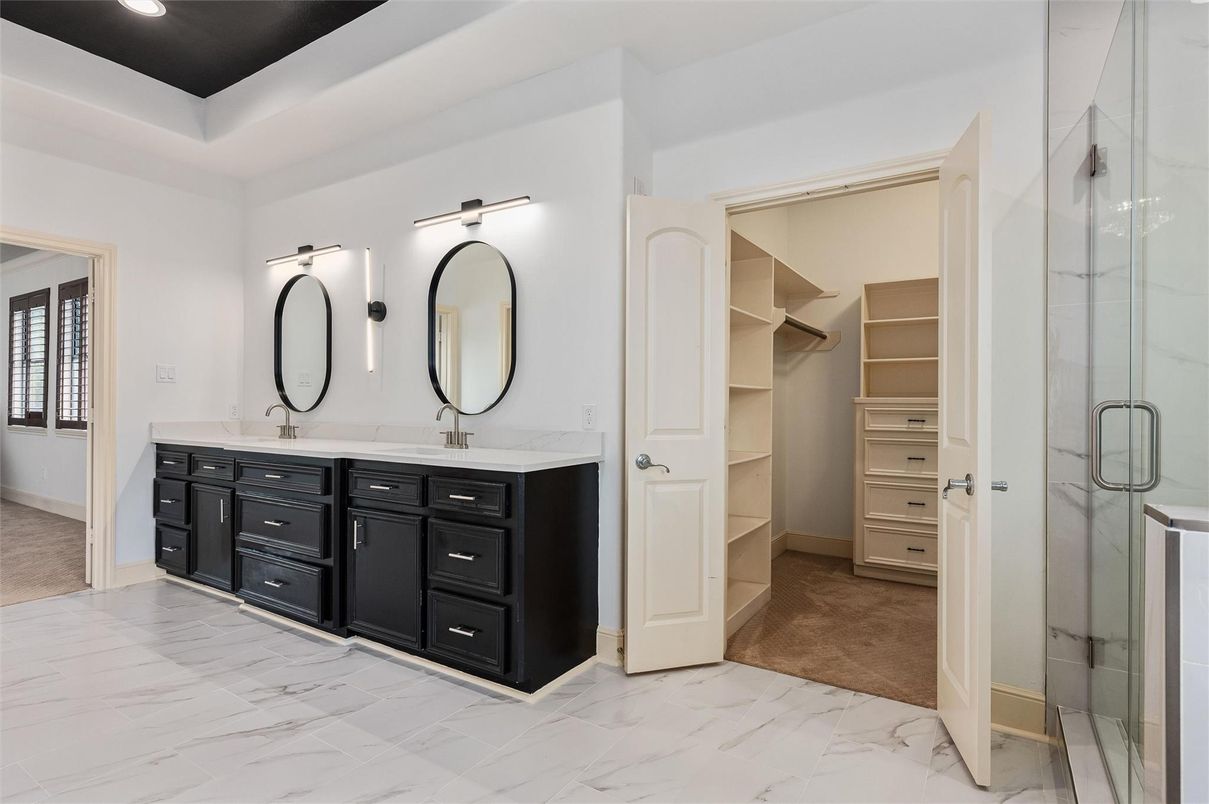 Bathroom, Dual Sink Vanities, Glass Shower, Interior, Marble, Walk-in Closets