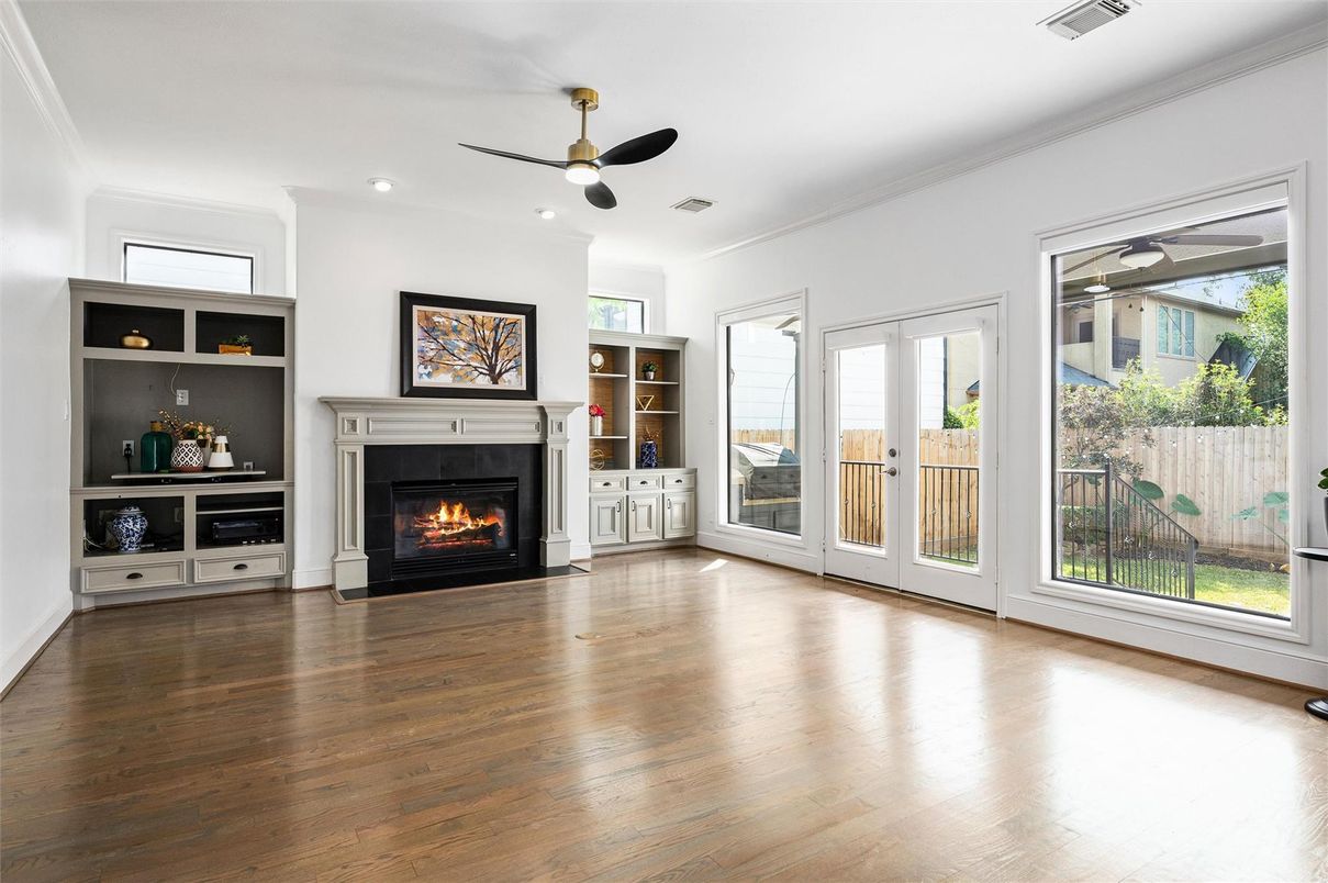 Empty room, Fireplace, Interior, Recessed Lighting, Wood Texture Flooring