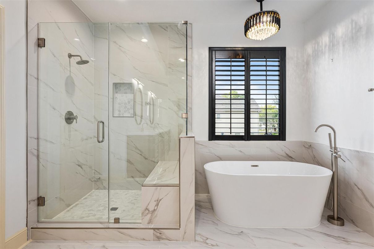 Bathroom, Free Standing Baths, Glass Shower, Interior, Marble, Marble Walls