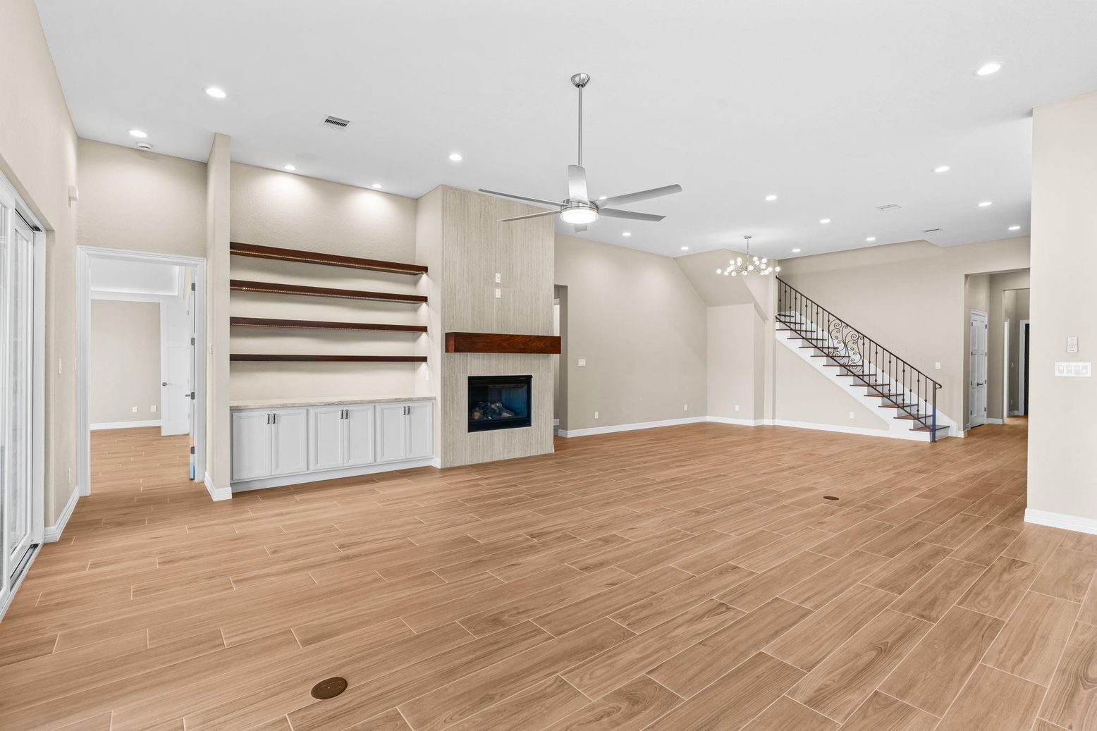 Empty room, Fireplace, Interior, Recessed Lighting, Wood Texture Flooring
