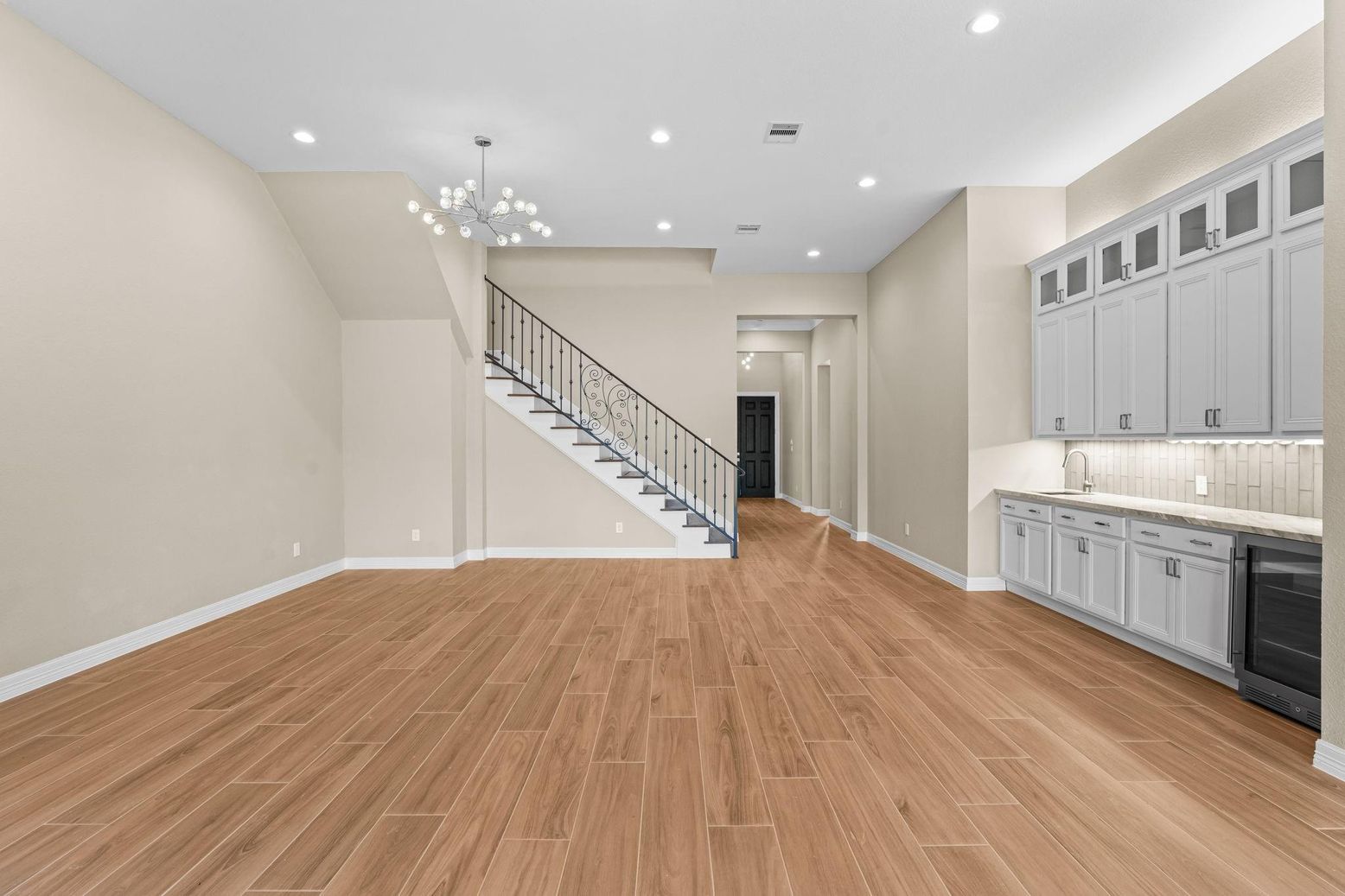Empty room, Interior, Kitchen, Pendant Lights, Recessed Lighting, Wood Texture Flooring