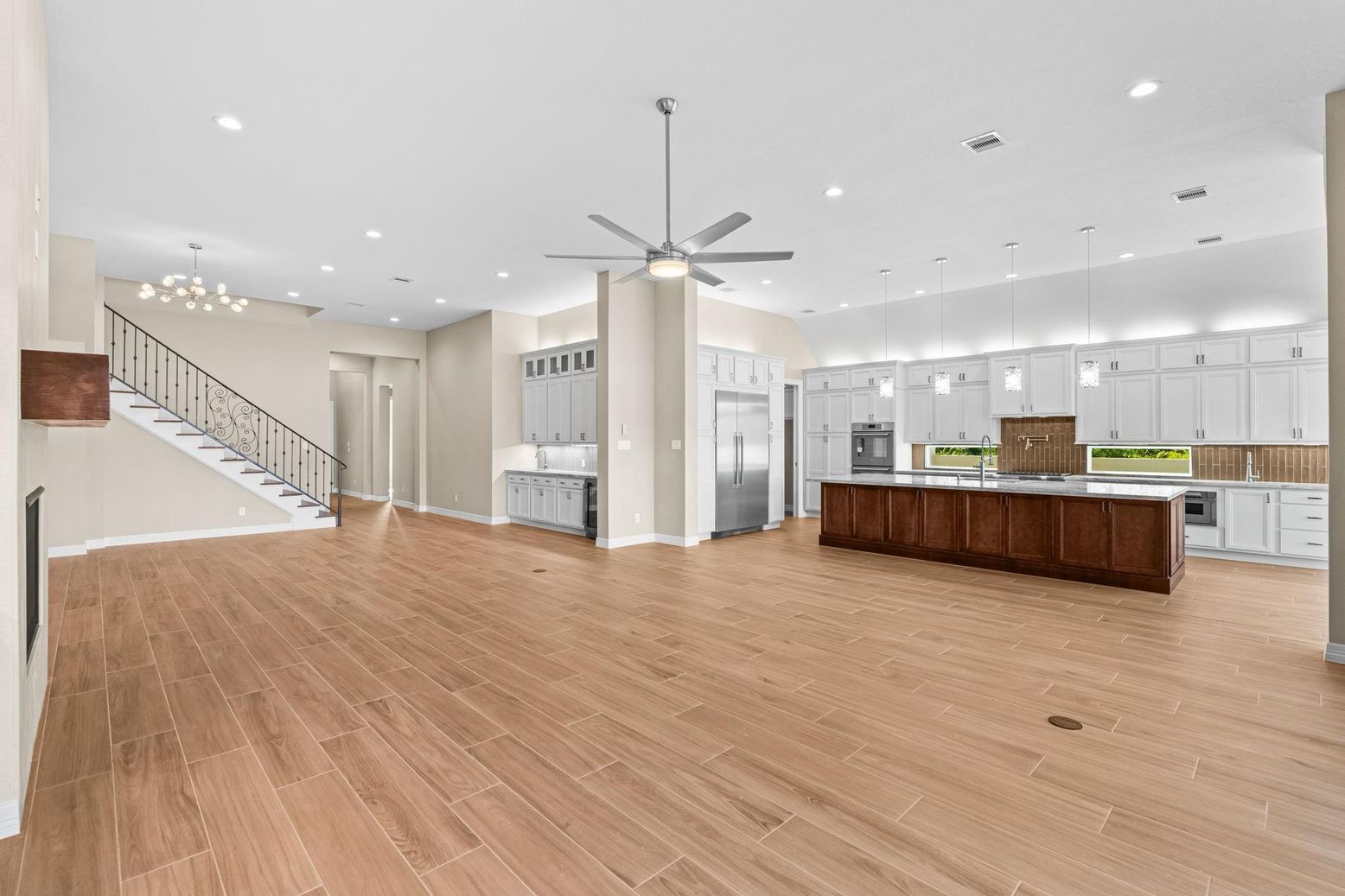 Interior, Kitchen, Pendant Lights, Recessed Lighting, Wood Texture Flooring