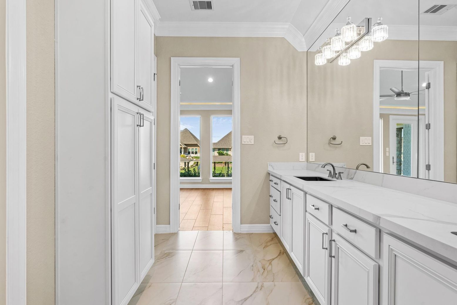 Bathroom, Dual Sink Vanities, Interior, Marble, Recessed Lighting
