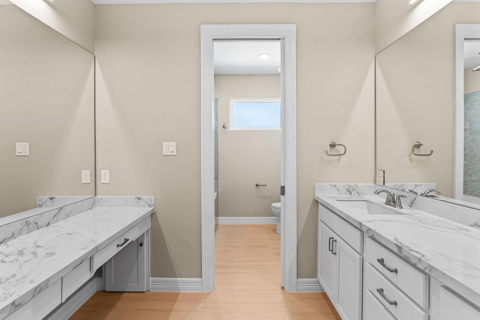 Bathroom, Dual Sink Vanities, Interior, Recessed Lighting, Wood Texture Flooring