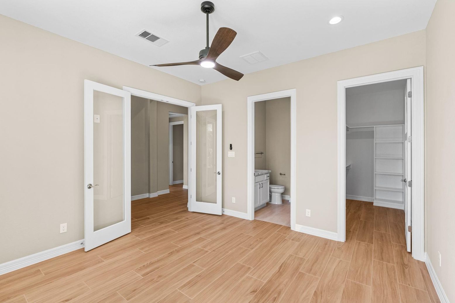 Bathroom, Empty room, Interior, Recessed Lighting, Wood Texture Flooring