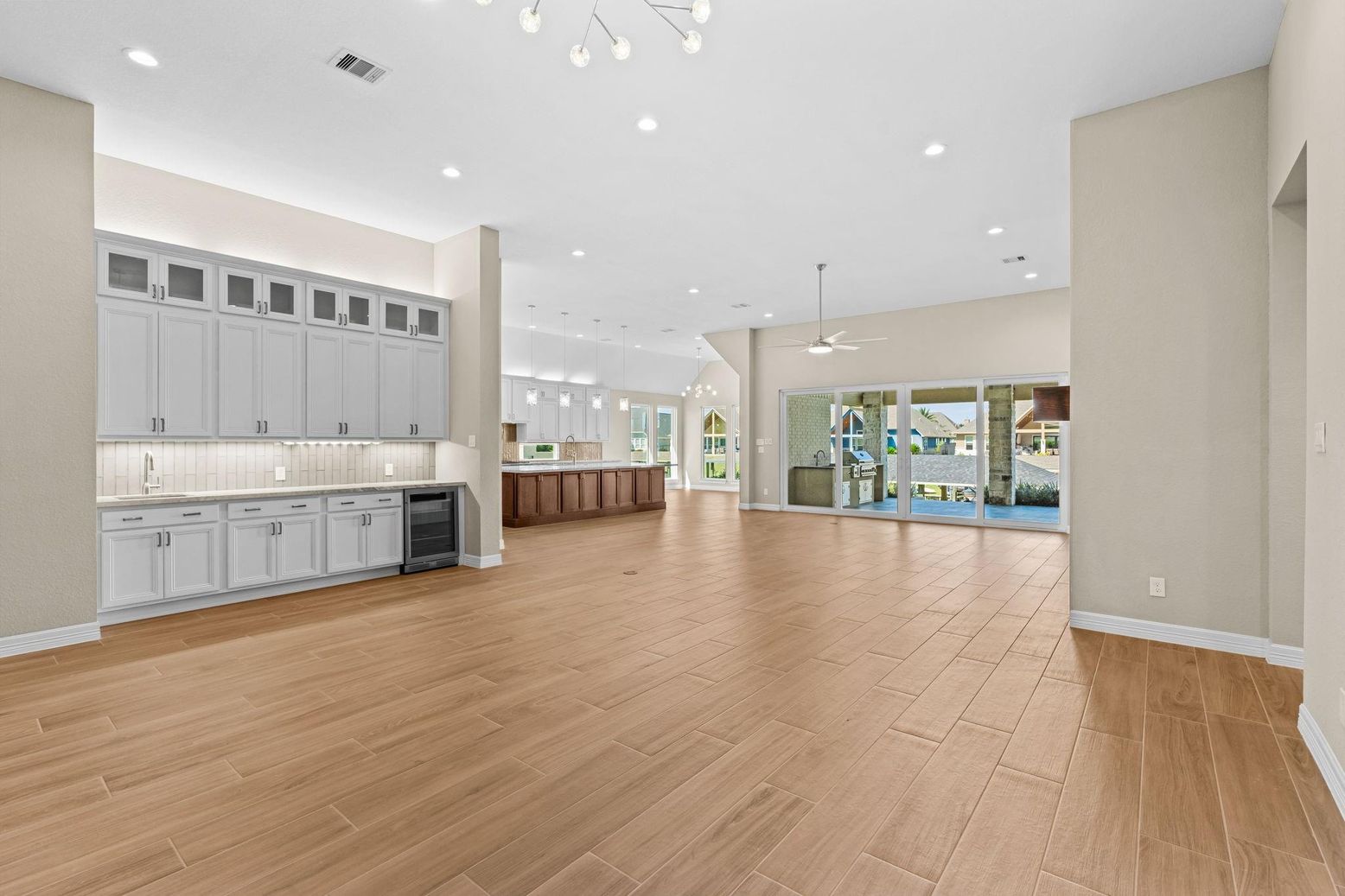 Empty room, Interior, Kitchen, Pendant Lights, Recessed Lighting, Wood Texture Flooring