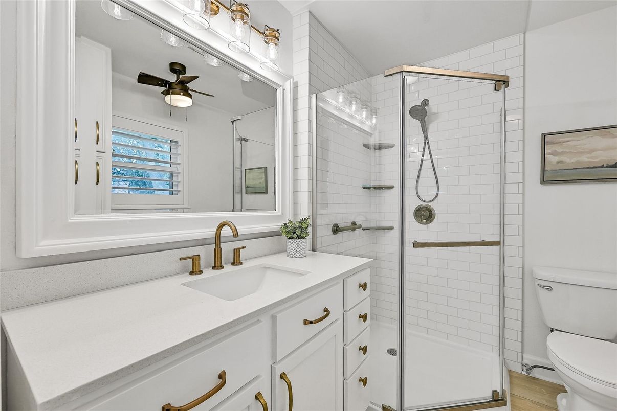 Bathroom, Glass Shower, Interior, Wood Texture Flooring