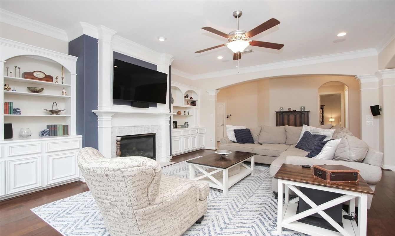 Fireplace, Interior, Living room, Recessed Lighting, Wood Texture Flooring