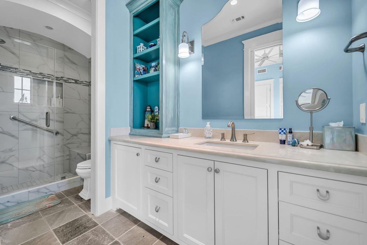 Bathroom, Dual Sink Vanities, Interior, Marble Walls, Recessed Lighting