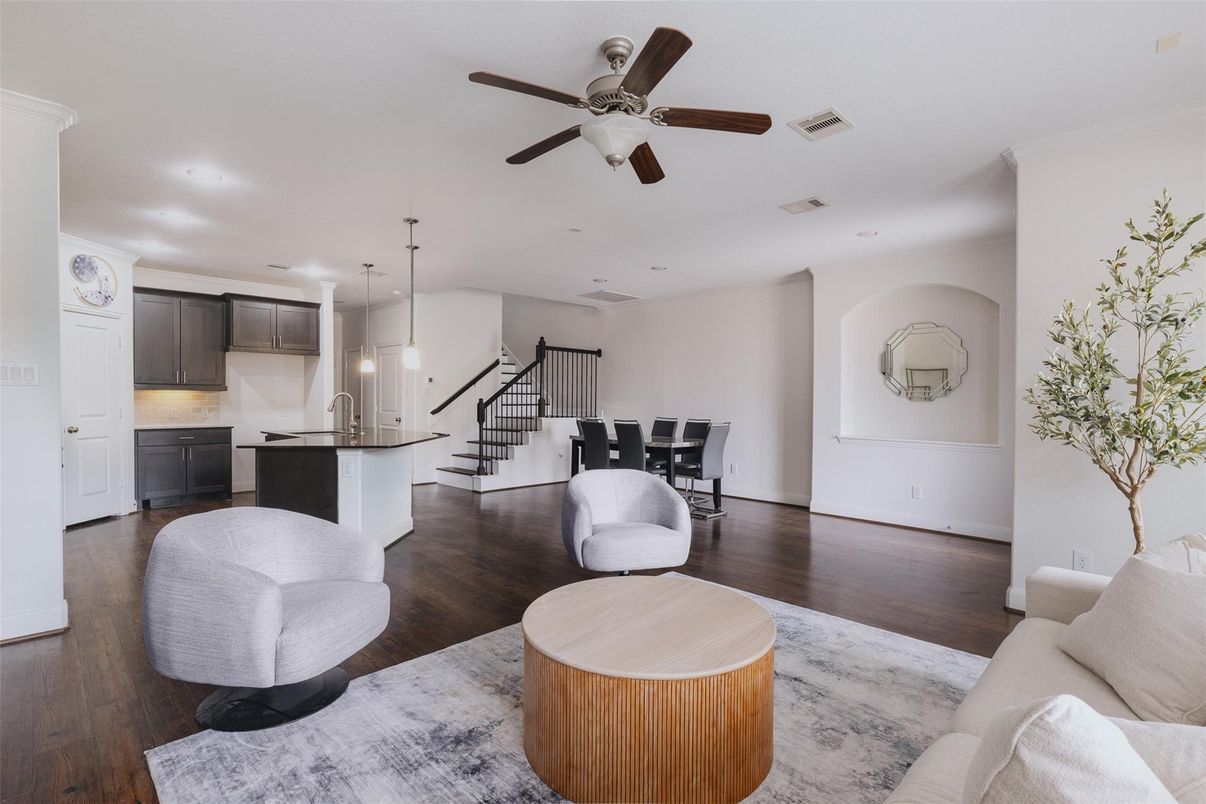 Dining room, Interior, Kitchen, Living room, Pendant Lights, Recessed Lighting, Wood Texture Flooring