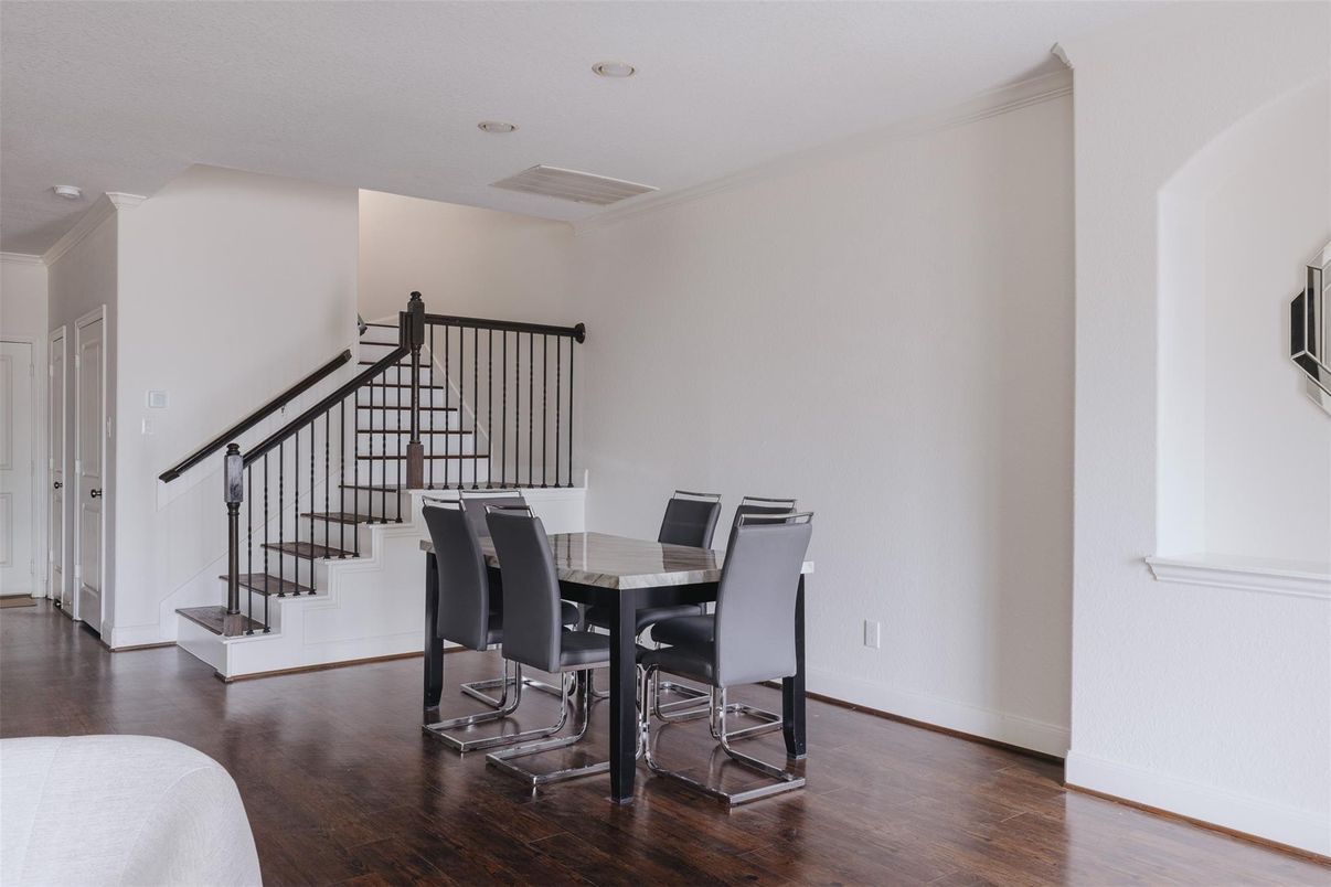 Dining room, Interior, Recessed Lighting, Wood Texture Flooring