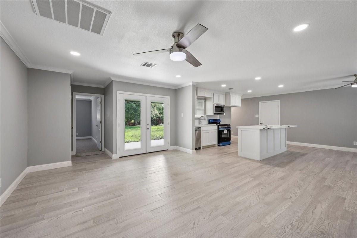Empty room, Interior, Kitchen, Recessed Lighting, Wood Texture Flooring