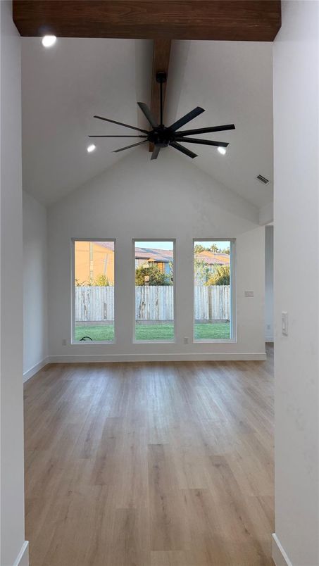Empty room, Interior, Recessed Lighting, Wooden Beams, Wood Texture Flooring