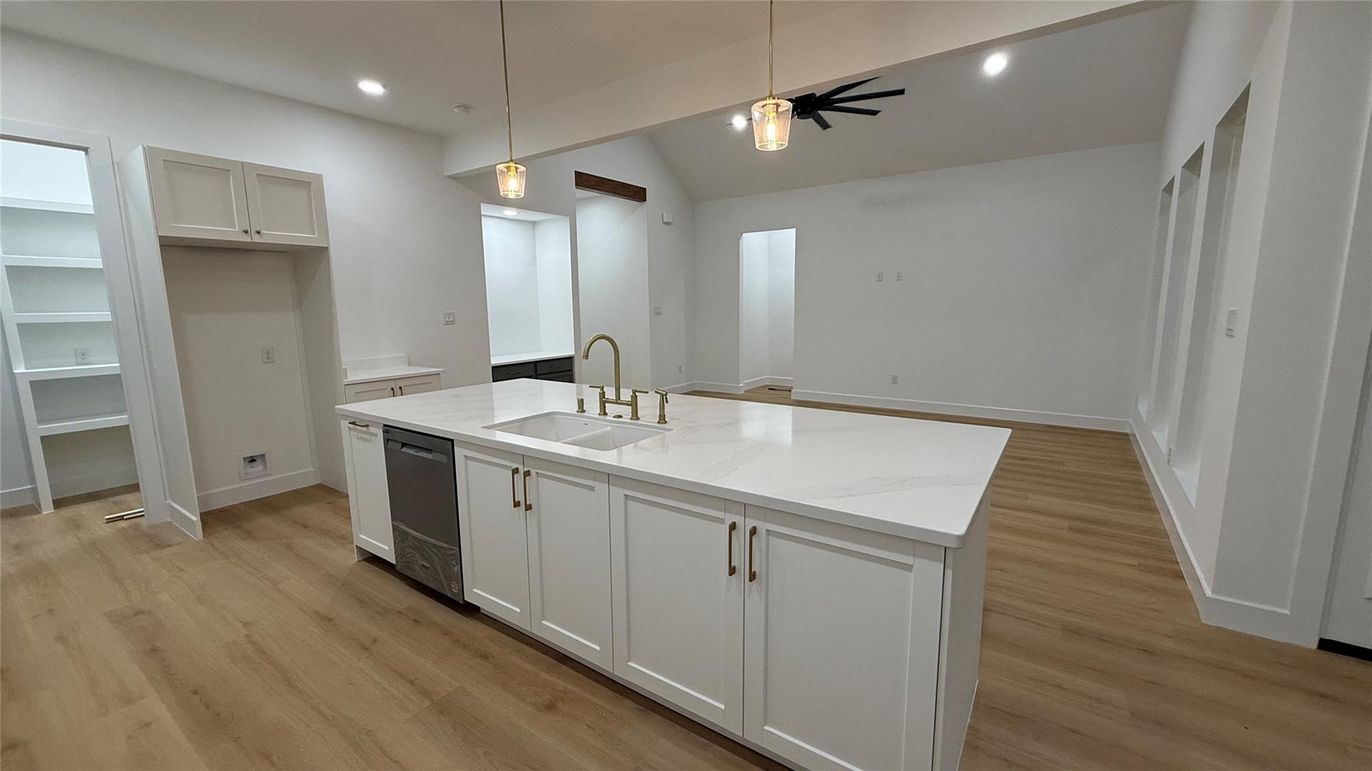 Interior, Kitchen, Pendant Lights, Recessed Lighting, Wood Texture Flooring