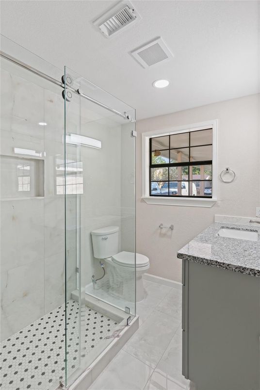 Bathroom, Glass Shower, Interior, Recessed Lighting