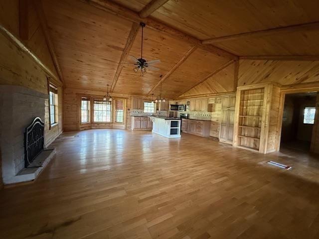 Empty room, Fireplace, Interior, Kitchen, Wooden Beams, Wooden Ceilings, Wood Texture Flooring, Wooden Walls