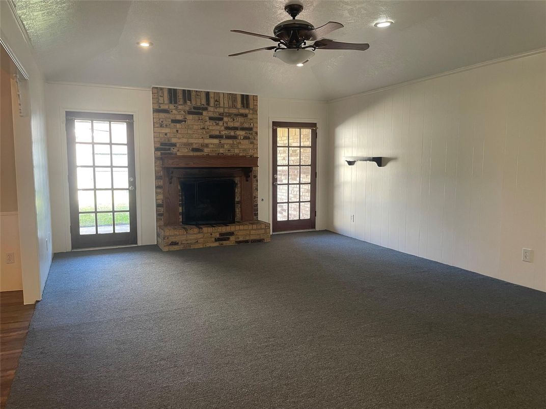 Empty room, Fireplace, Interior, Recessed Lighting, Wood Texture Flooring
