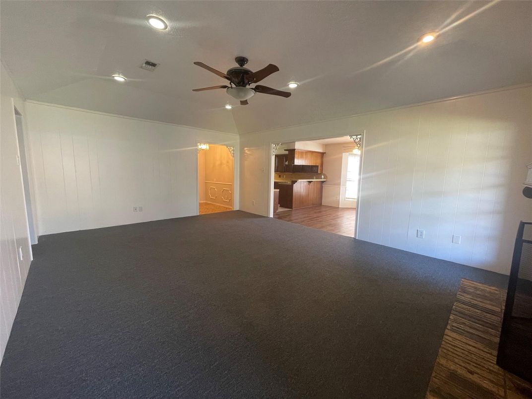 Empty room, Interior, Kitchen, Recessed Lighting, Wood Texture Flooring
