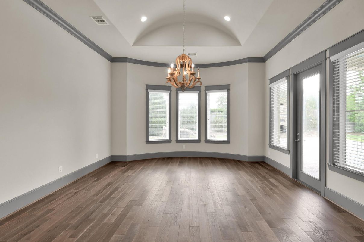 Chandelier, Empty room, Interior, Recessed Lighting, Wood Texture Flooring