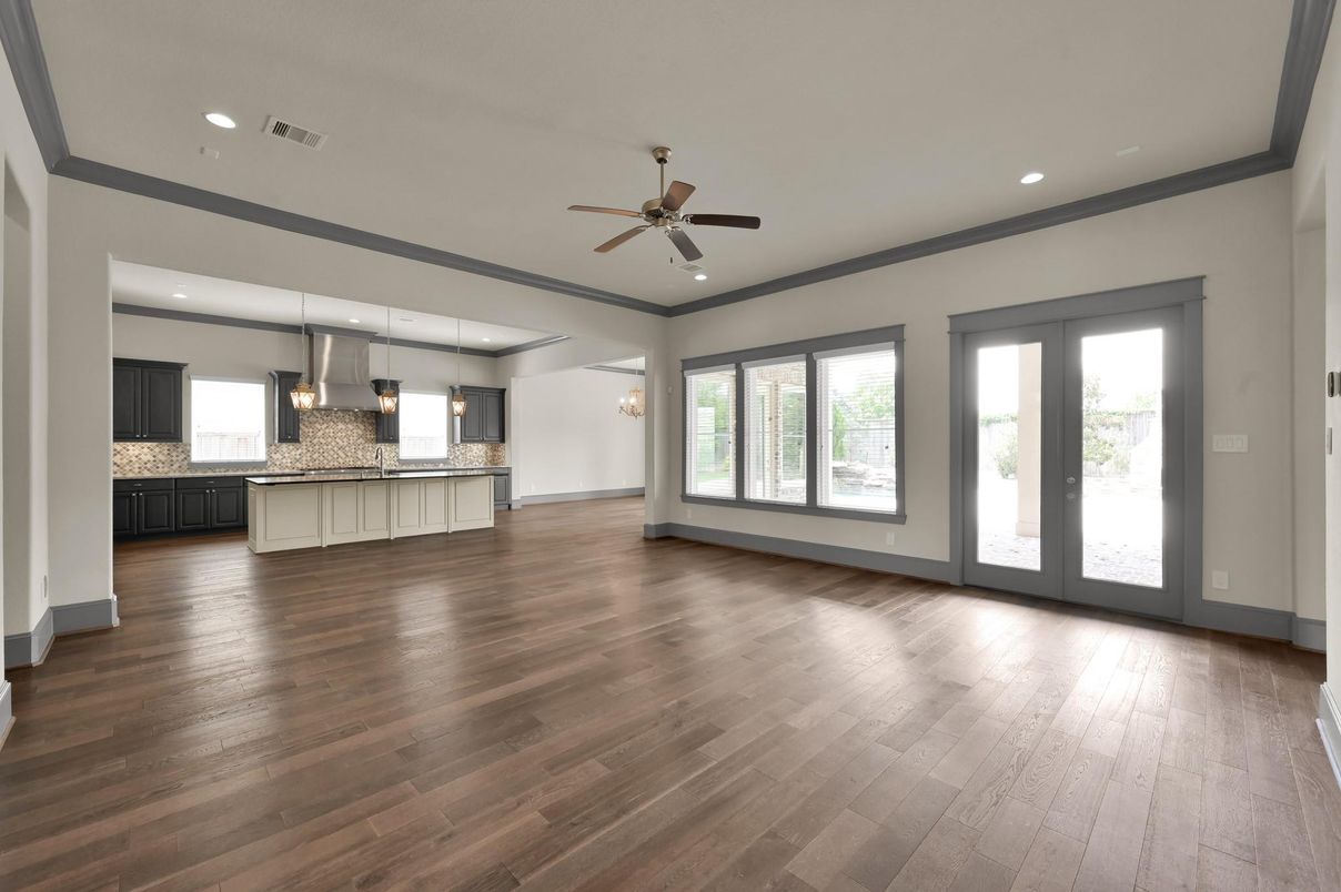Empty room, Interior, Kitchen, Pendant Lights, Recessed Lighting, Wood Texture Flooring