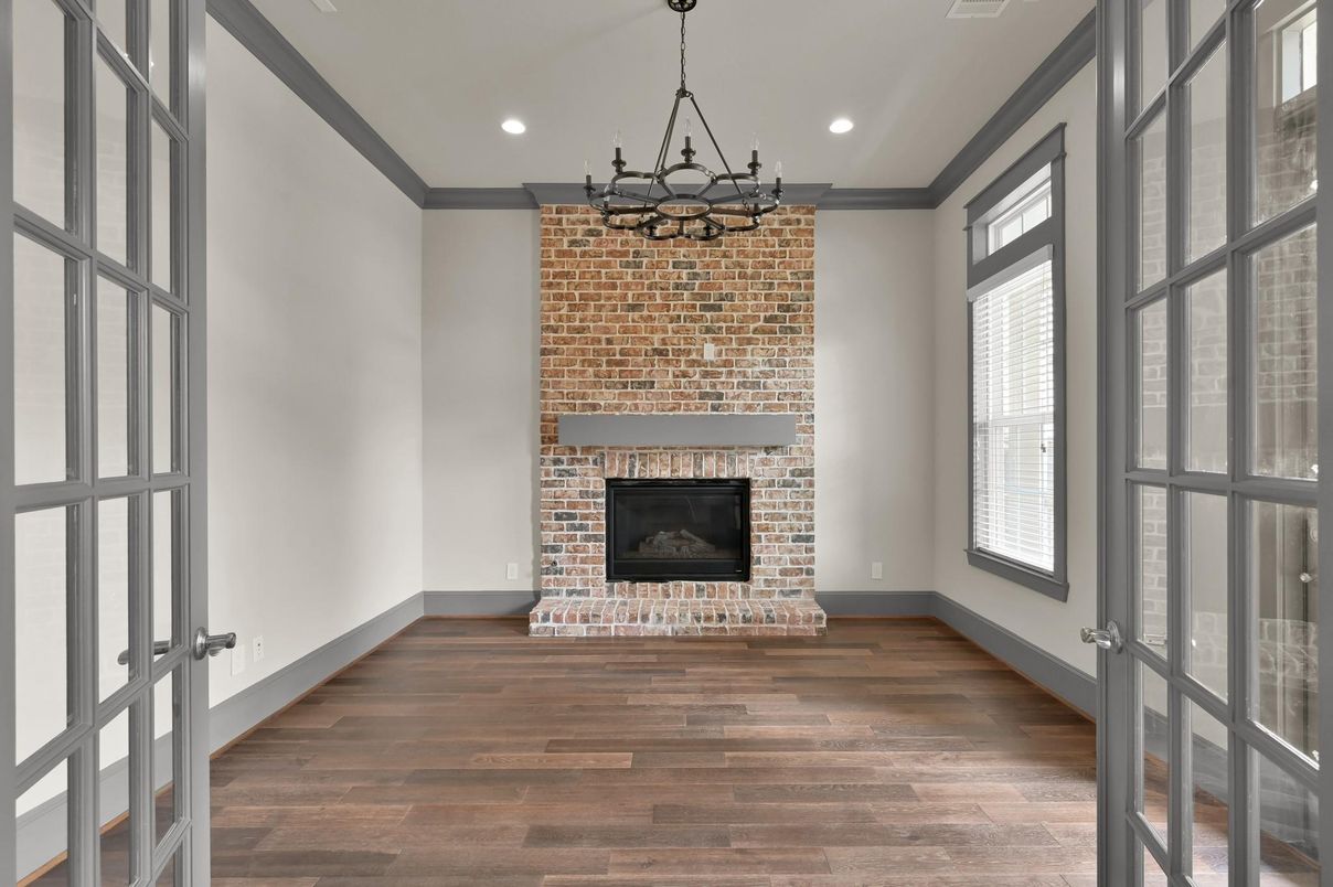Empty room, Fireplace, Interior, Pendant Lights, Recessed Lighting, Stone Walls, Wood Texture Flooring