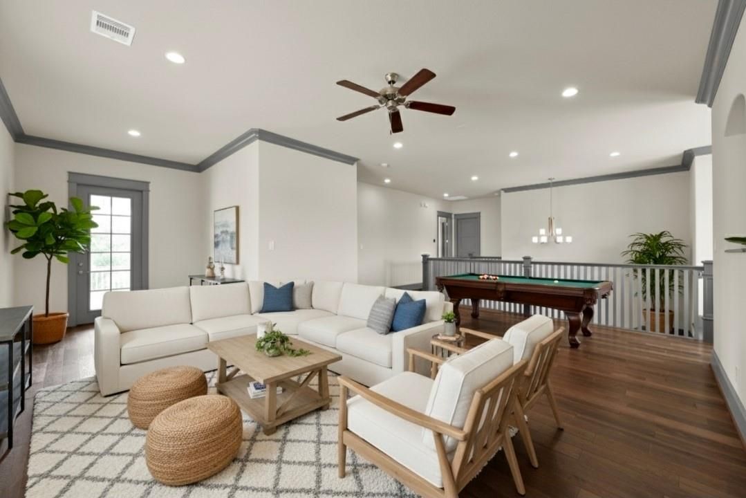 Billiard Table, Game Room, Interior, Living room, Pendant Lights, Recessed Lighting, Wood Texture Flooring