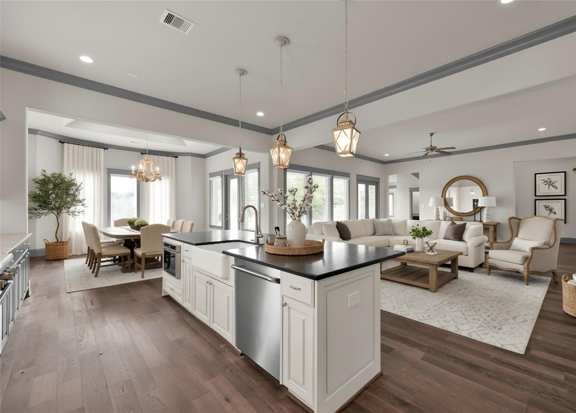 Chandelier, Dining room, Interior, Kitchen, Living room, Pendant Lights, Recessed Lighting, Stainless Steel Appliances, Wood Texture Flooring