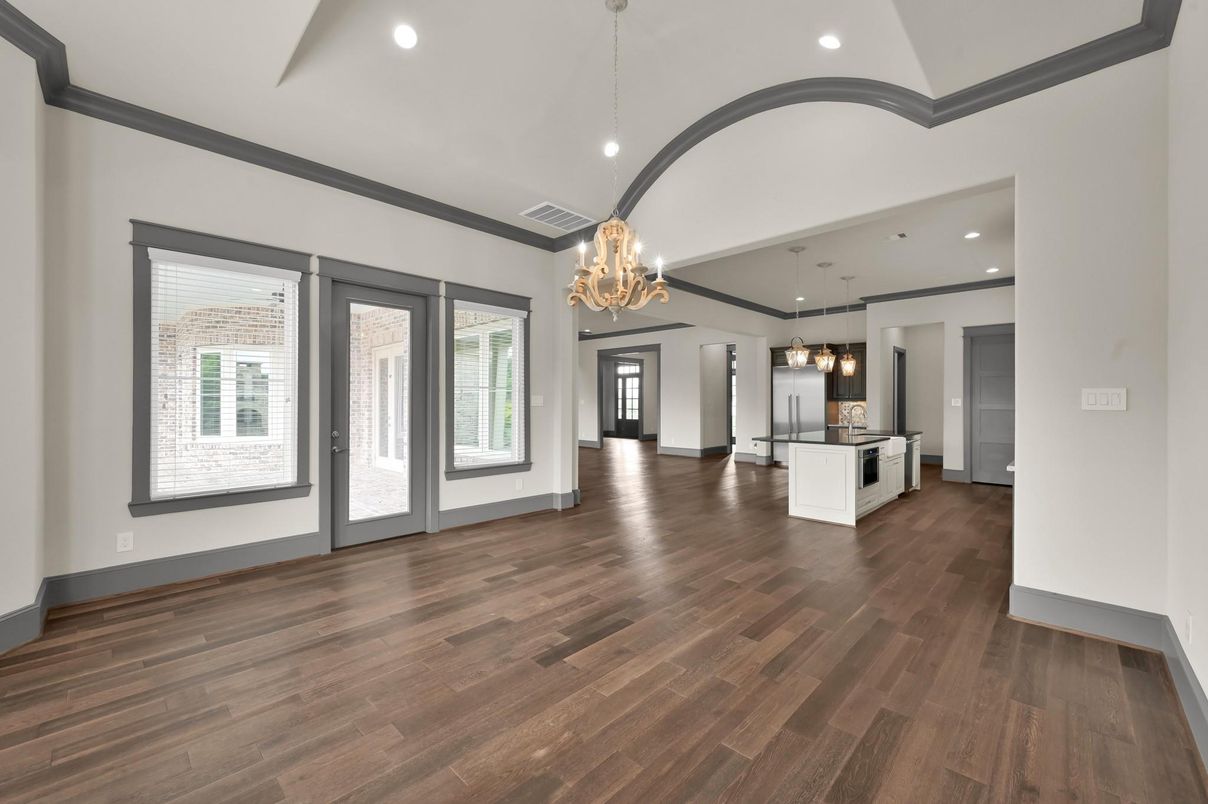 Chandelier, Empty room, Interior, Kitchen, Pendant Lights, Recessed Lighting, Wood Texture Flooring