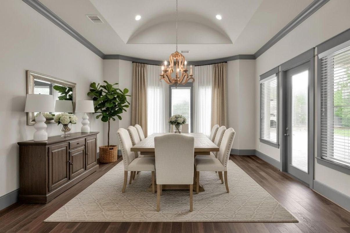 Chandelier, Dining room, Interior, Recessed Lighting, Wood Texture Flooring