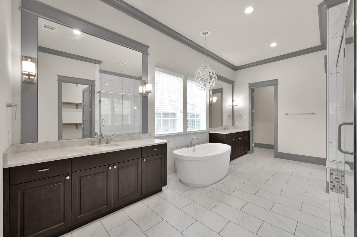 Bathroom, Chandelier, Dual Sink Vanities, Free Standing Baths, Glass Shower, Interior, Marble, Recessed Lighting