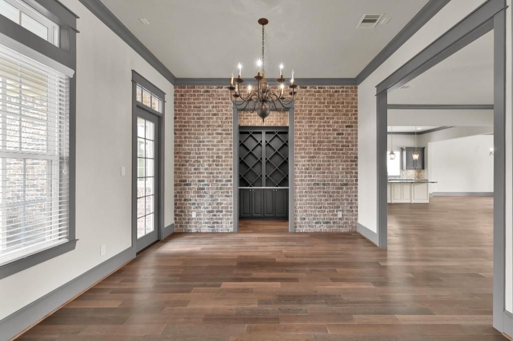 Chandelier, Empty room, Interior, Stone Walls, Wood Texture Flooring