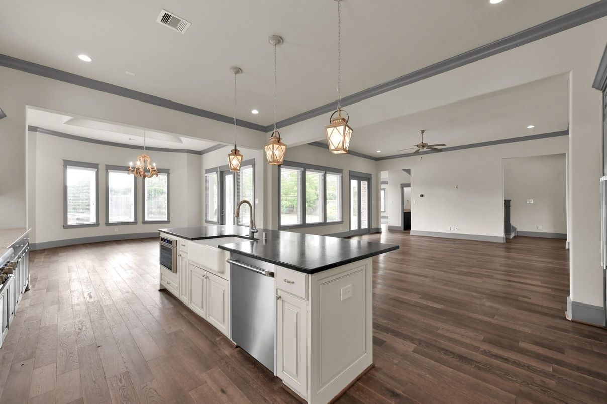Chandelier, Interior, Kitchen, Pendant Lights, Recessed Lighting, Wood Texture Flooring