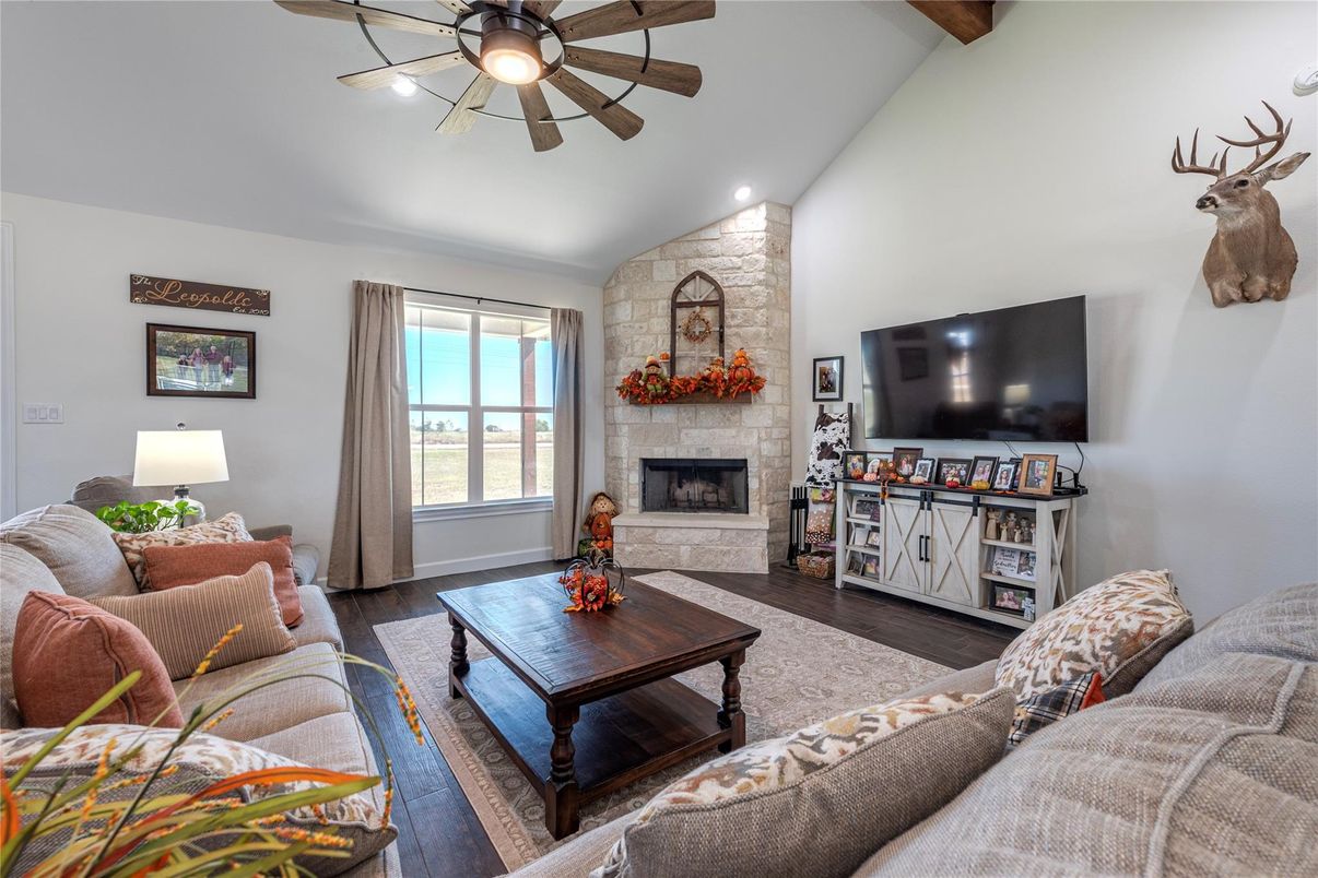 Fireplace, Interior, Living room, Recessed Lighting, Stone Walls, Wooden Beams, Wood Texture Flooring