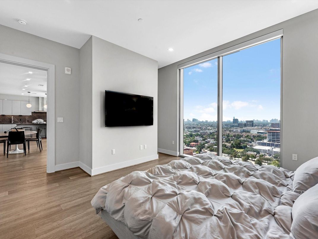 Bedroom, Dining room, Interior, Pendant Lights, Recessed Lighting, Wood Texture Flooring